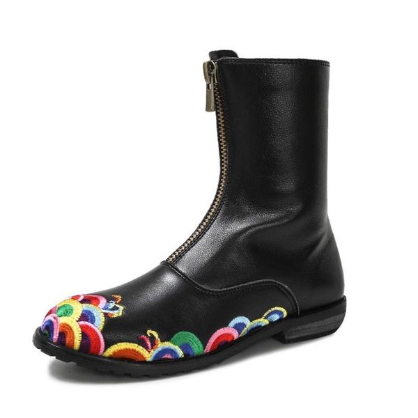 boots women round toe embroidery floral fish genuine leather ankle mid heel shoes central zip riding warm winter black